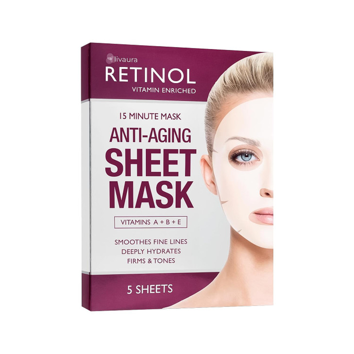 LIVAURA Retinol AntiAging Sheet Mask Hydrating VitaminEnriched 15 Minute Treatment With Collagen Firms Face Exfoliates f