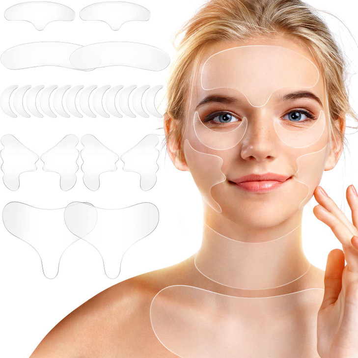 Patelai 22 Pcs Reusable Face and Forehead Wrinkles Patches Overnight Silicone Chest Neck Wrinkle Patches Pad Eyelid Lift