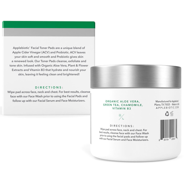 Applebiotic Toner Pads for Face Exfoliating Face Wipes for All Skin Types Apple Cider Vinegar Green Tea 60 Pads