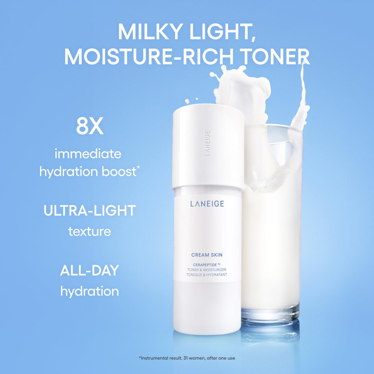 LANEIGE Cream Skin Toner Moisturizer Lightweight Refillable Korean Milky Toner with Ceramide Peptide for Hydration Firmi