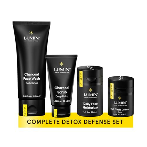 Lumin 4 Piece Men Skincare Set with Charcoal Face Wash Deep Scrub Daily Moisturizer Dark Circle Defense Balm Helps Detox