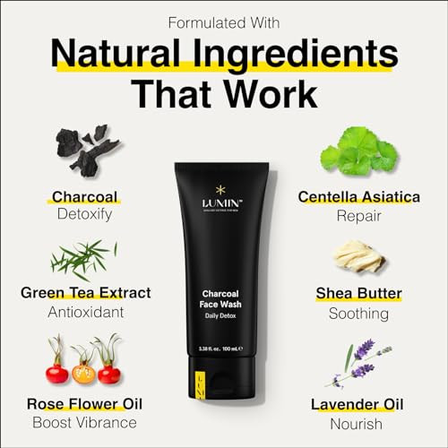 Lumin 4 Piece Men Skincare Set with Charcoal Face Wash Deep Scrub Daily Moisturizer Dark Circle Defense Balm Helps Detox