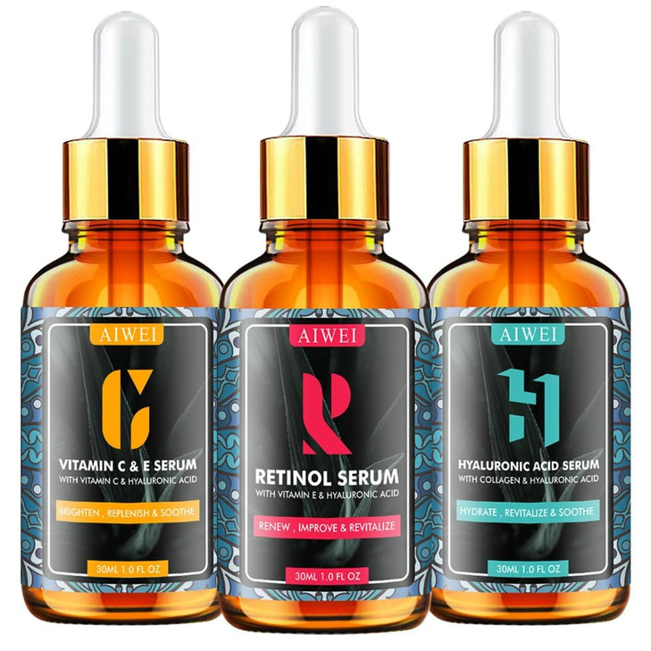 Aiwei Facial Serum Set Includes Vitamin C Retinol Hyaluronic Acid Improve Skin Texture Glow Hydration Day and Night Face