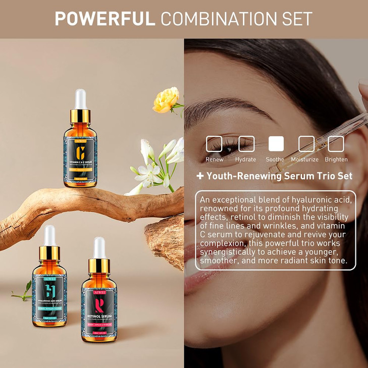Aiwei Facial Serum Set Includes Vitamin C Retinol Hyaluronic Acid Improve Skin Texture Glow Hydration Day and Night Face