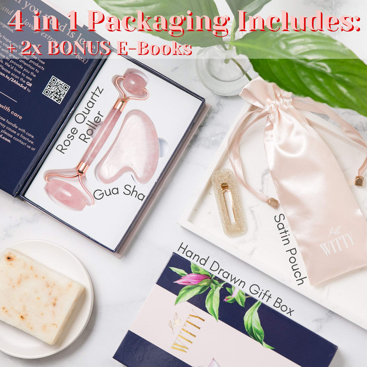 WITTY Rose Quartz Roller for Face Gua Sha Stone Set in HandDrawn Giftbox Jade Face Roller Massager Roller Face Scraper T