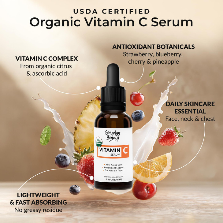 Organic Vitamin C Serum for Face USDA Certified Facial Serum Anti Aging For Fine Lines Wrinkles Potent Botanical Ingredi