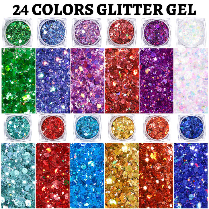 Teenitor 24 Colors Body Hair Glitter Gel Face Body Hair Glitter for Halloween Makeup Festival