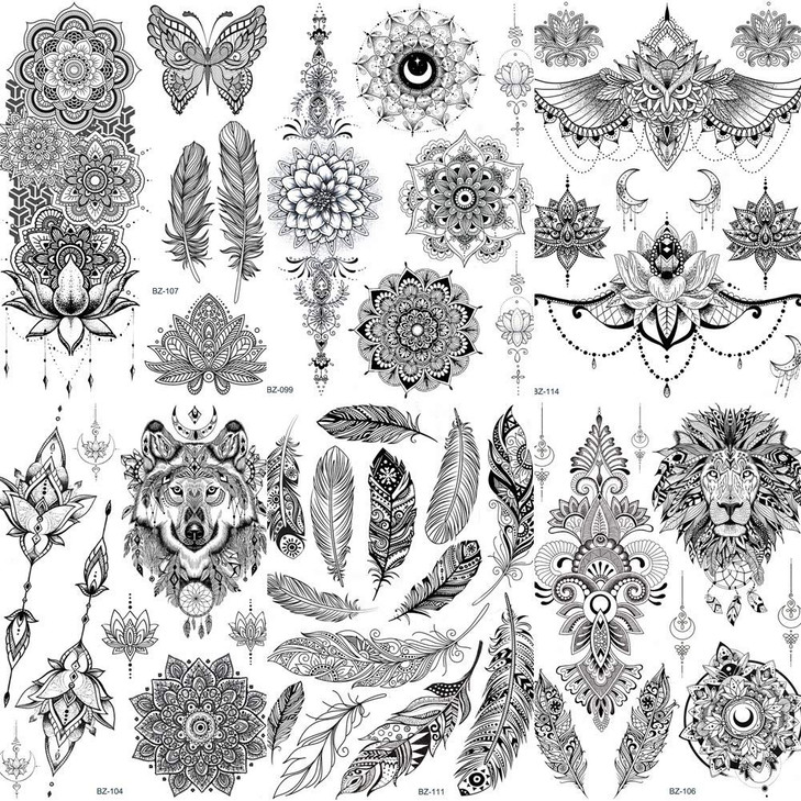 COKTAK 6 PiecesLot Unique Black Henna Temporary Tattoo Stickers For Adults Women Girls Feather Mandala Flower Body Art L