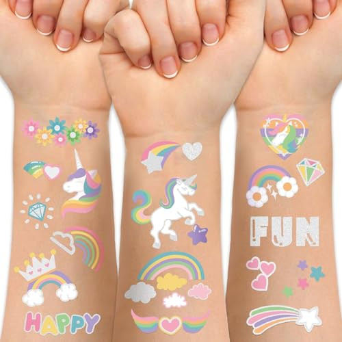 Temporary Tattoo for Kids Unicorn Rainbow Flower Cute118 Glitter Styles Crown Swan Metallic Waterproof Groovy Fake Tatto