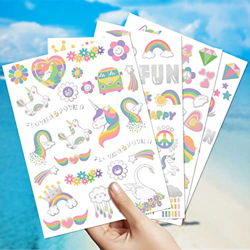 Temporary Tattoo for Kids Unicorn Rainbow Flower Cute118 Glitter Styles Crown Swan Metallic Waterproof Groovy Fake Tatto