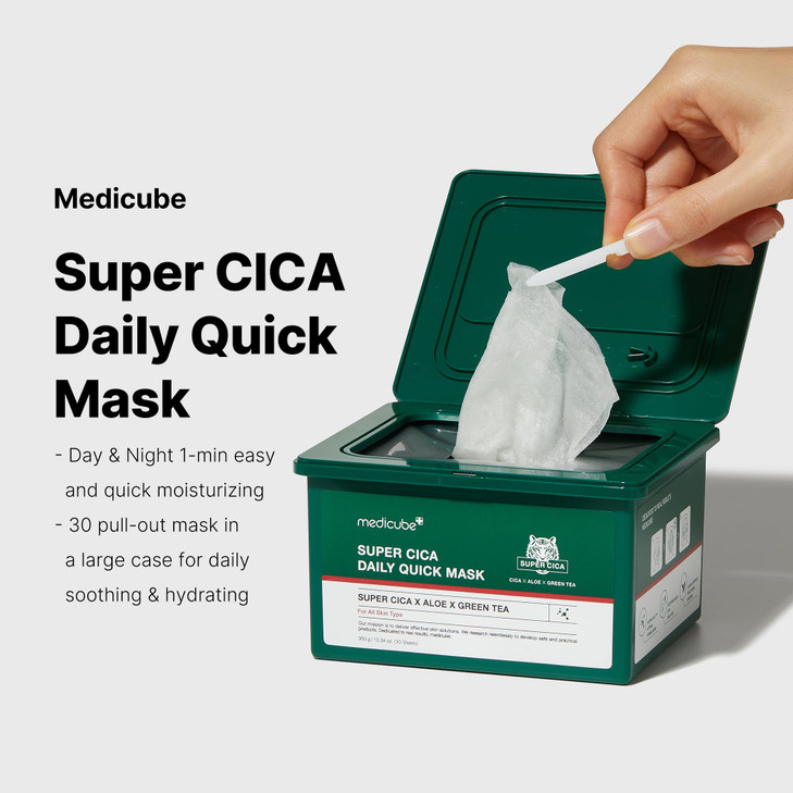 medicube Super Cica Daily Quick Facial Masks 30 Sheets 60Second Soothing Hydrating Facial Mask with 88 Cica Instant Cool