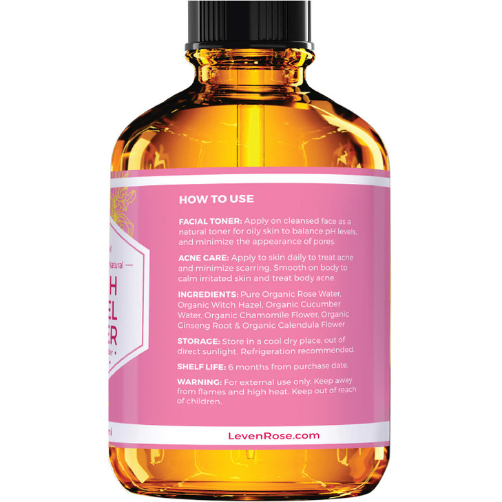 Witch Hazel Alcohol Free Toner by Leven Rose 100 Pure Organic Facial Rose Water with Rose Petals Calendula Cucumber and