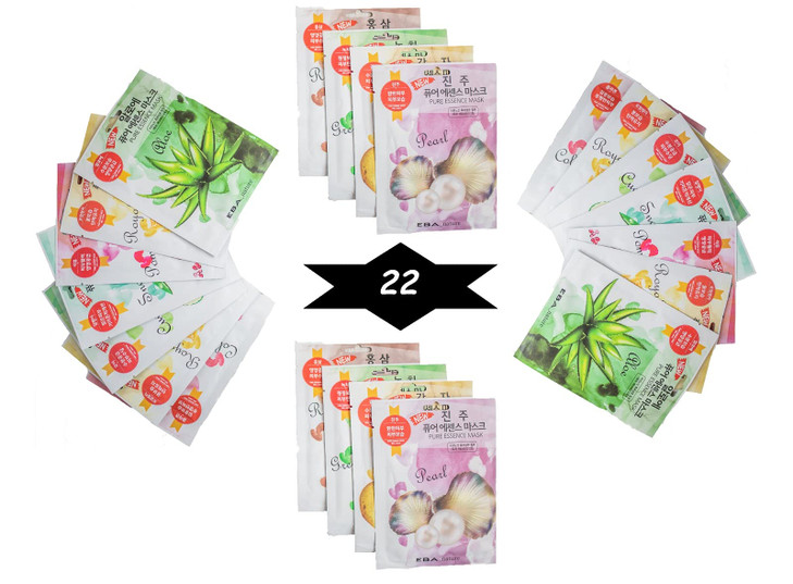 Eba nature 22 Pcs ComboPack Premium Korean Pure Essence Facial Mask Sheet 11 Types x 2 pcs Five Chemical Free