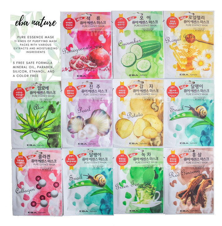 Eba nature 44 Pcs ComboPack Premium Korean Pure Essence Facial Mask Sheet 11 Types x 4 pcs hydrating moisturizing