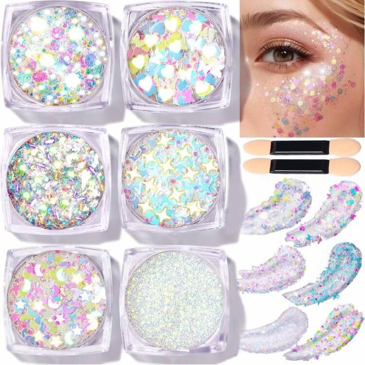 Teenitor Face Glitter Body Glitter Clear White Body Glitter Gel Hair Glitter Gel 6 Shapes Rave Glitter Mermaid Sequins M