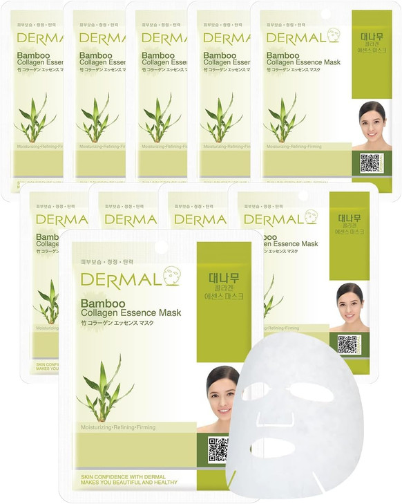 DERMAL Bamboo Collagen Essence Facial Mask Sheet 23g Pack of 10 Hydrating Calming For Dewy and Glowing Skin Daily Skin T
