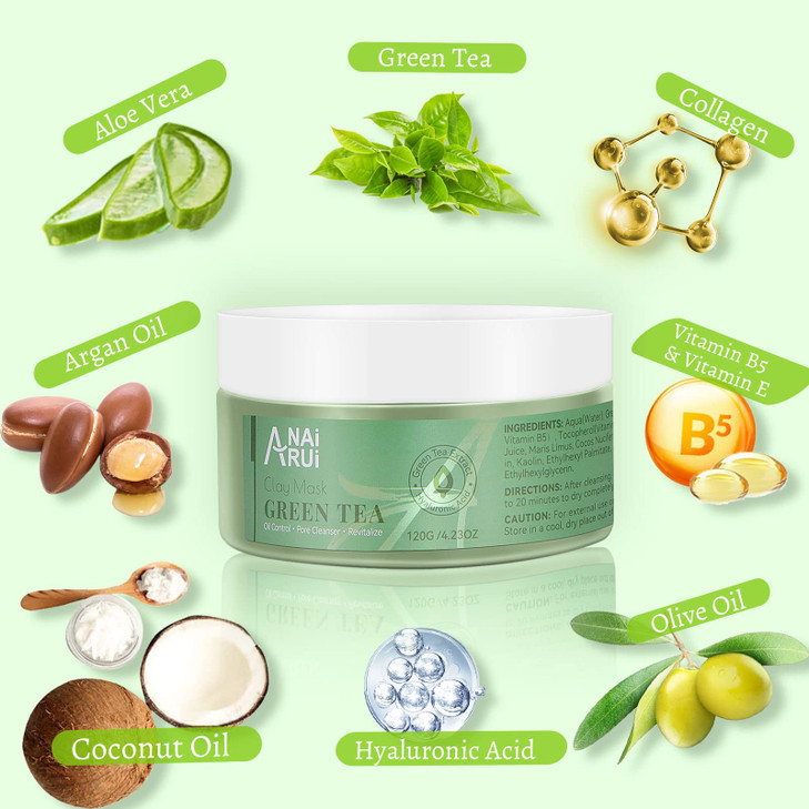 ANAI RUI Green Tea Mask Clay Mask for Poreless Deep Cleanse Green Tea Face Mask Blackhead Remover with Kaolin Aloe Colla
