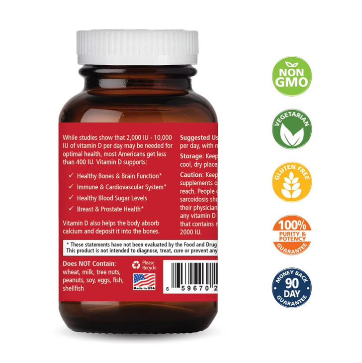 Pure Essence Labs Vitamin D - 5000 IU of Vitamin D from 100% Pure Cholecalciferol - 30 Vegetarian Capsules