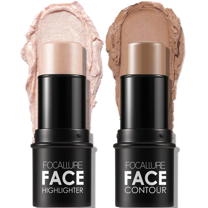 FOCALLURE 2 Pcs Mineral Cream Contour StickMoisturize Highlighter and Bronzer PenNon Stick Face Brightens Shades PencilL