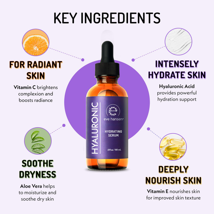 Eve Hansen Hydrating Hyaluronic Acid Serum for Face with Vitamin C Vitamin E Green Tea 72 Organic Firming Facial Moistur