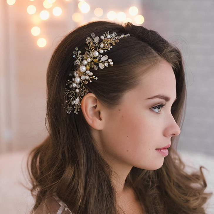 Kercisbeauty Wedding Bridal Bridesmaids Flower Girl Crystal and Pearl Side Hair Comb Slide Headpiece Long Curly Bun Hair