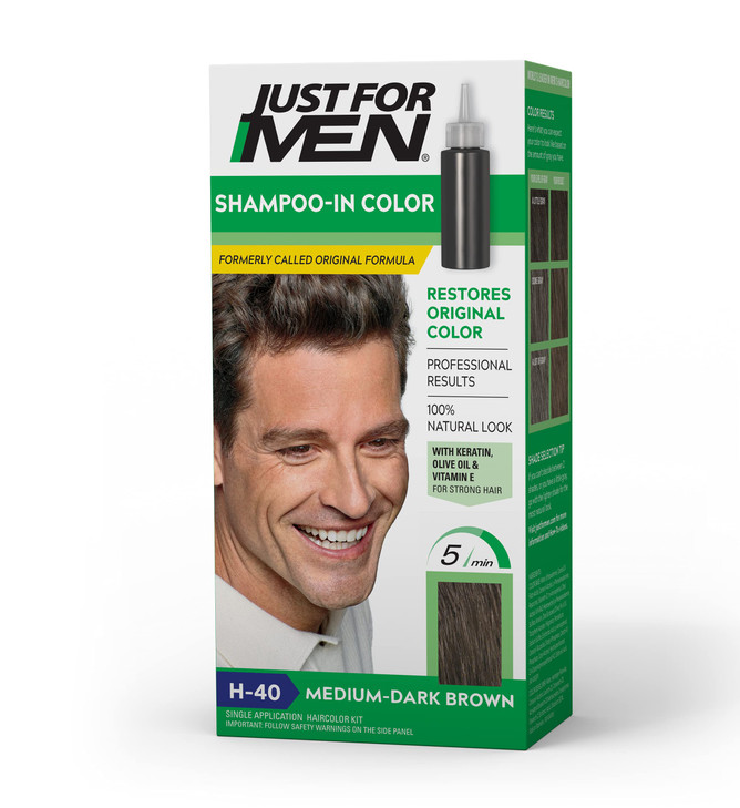 Just For Men Shampoo-In Color (Formerly Original Formula), Mens Hair Color with Keratin and Vitamin E for Stronger Hair - Medium-Dark Brown, H-40, Pa online at globaldelivered