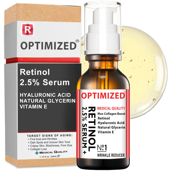 Retinol Serum 25 with Hyaluronic Acid Glycerin Vitamin E Reduce Wrinkles Fine Lines Even Skin Tone Sun Spots Age Spots B