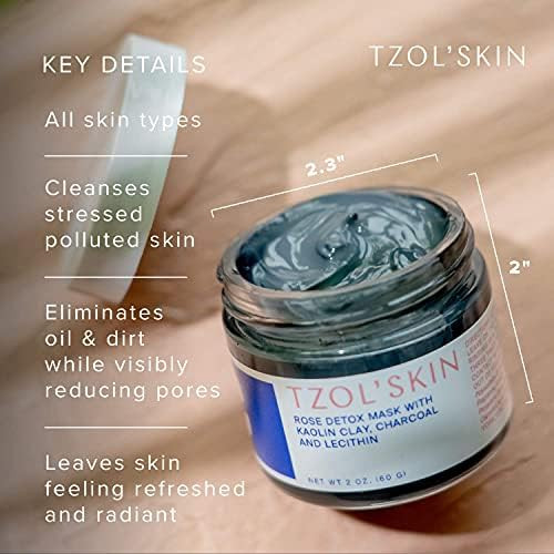 TZOLSkin Rose Detox Mask Clarifying Clay Mask Reduces Pores and Targets Blackheads Charcoal TripleAction Clays Natural E