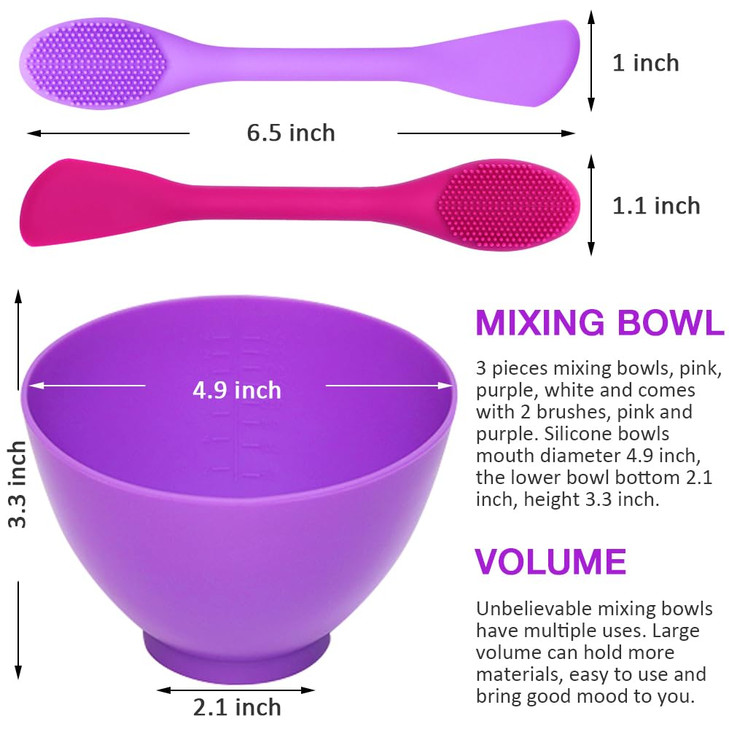 Goalfly 5 Piece Silicone Bowl Set 3 Pcs 049 QT Mixing Bowls and 2 Pcs Silicone Face Mask Brushes Silicone Bowls for Melt