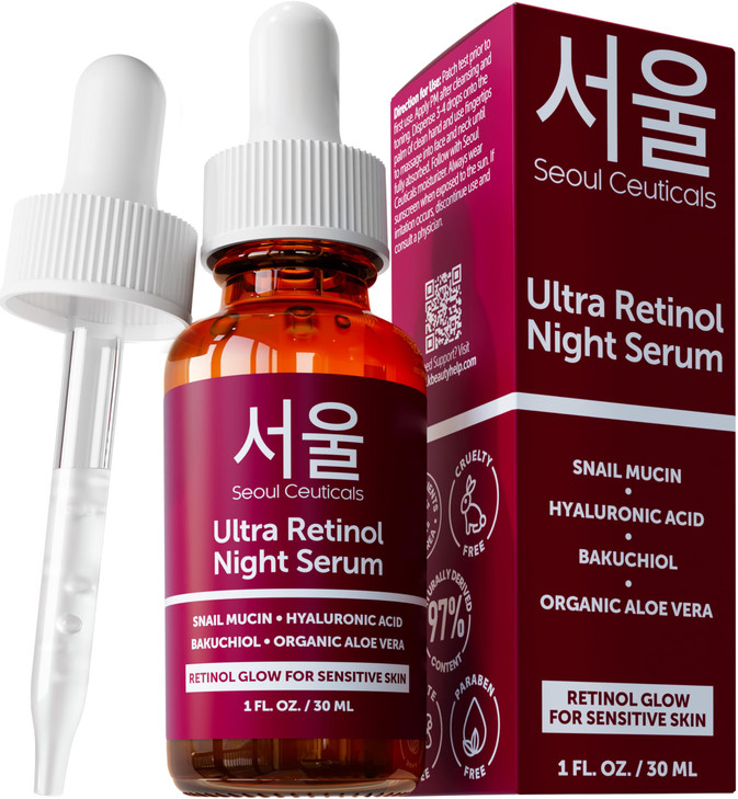 SeoulCeuticals 1 Korean Retinol Night Serum for Face 975 Snail Mucin Hyaluronic Acid Bakuchiol Cruelty Free K Beauty for