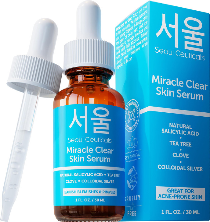 SeoulCeuticals Korean Acne Serum Skin Care Treatment for Acne Prone Skin Rapid Action Salicylic Acid Tea Tree Clove For
