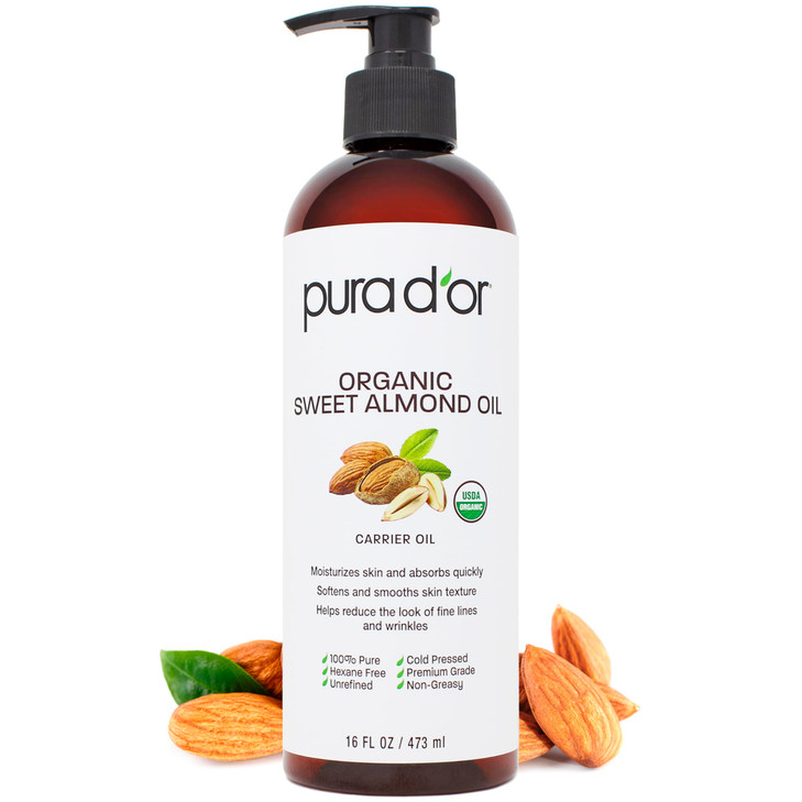 PURA DOR 16 Oz ORGANIC Sweet Almond Oil 100 Pure Natural USDA Certified Cold Pressed Carrier Oil For DIY Beauty NonGreas