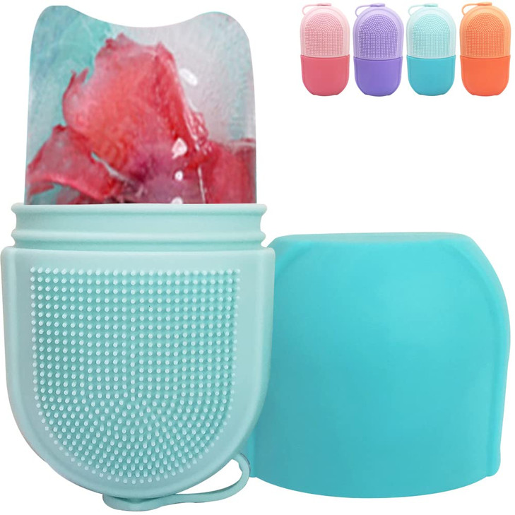 Reusable Cube Silicone Mold Ice Roller With Brush For Face Cold Therapy Facial Massage Roller Blue