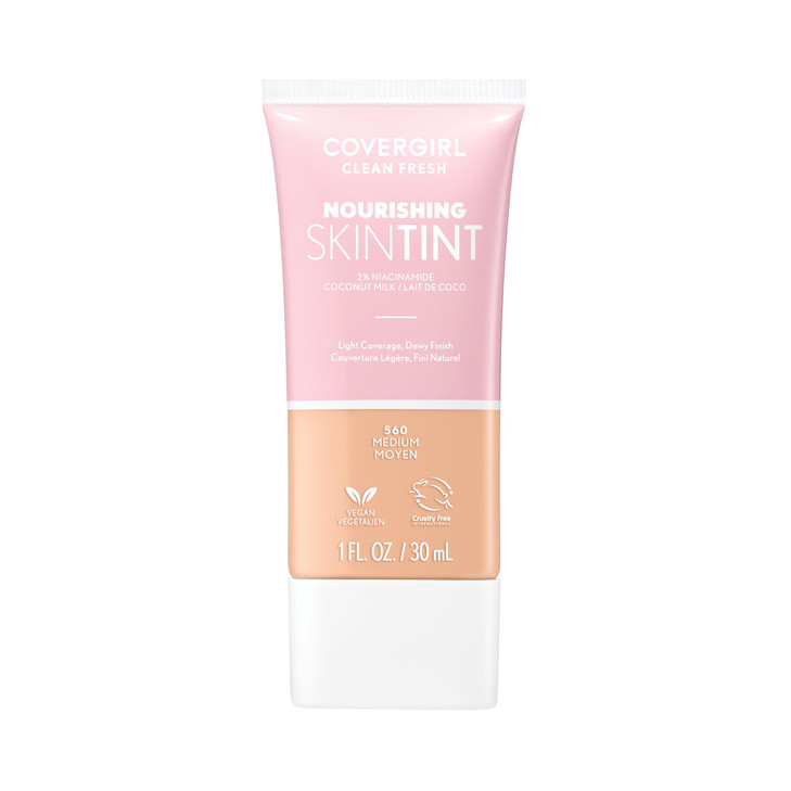 COVERGIRL Clean Fresh Nourishing Skin Tint 560 Medium Liquid Foundation Dewy Finish Infused with Coconut Aloe Vegan Form