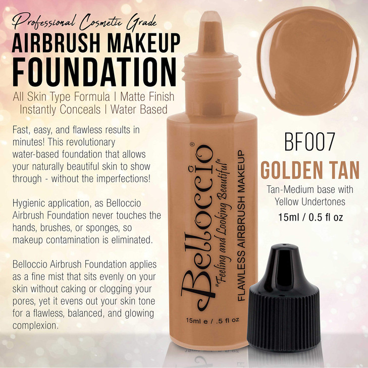 Belloccios Professional Cosmetic Airbrush Makeup Foundation 12oz Bottle Golden Tan Medium Yellow Undertones