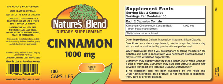 Nature's Blend Cinnamon 1,000 mg 100 Caps online at globaldelivered