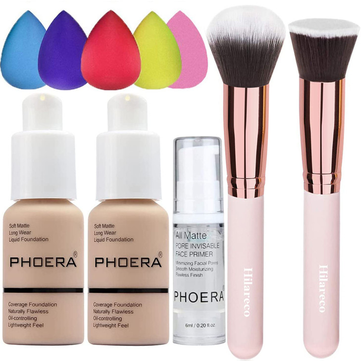 PHOERA 2 Pack Nude 102 Foundation Primer Set Full Coverage Matte Finish 24 HR Oil Control Concealer Foundation Brush Pow