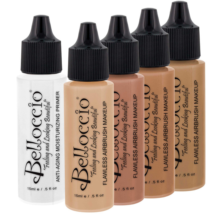Belloccio Medium Color Shade Foundation Set Professional Cosmetic Airbrush Makeup in 12 oz Bottles