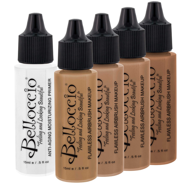 Belloccio Tan Color Shade Foundation Set Professional Cosmetic Airbrush Makeup in 12 oz Bottles