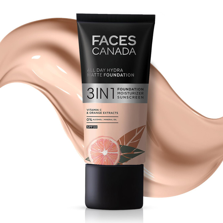 FACESCANADA All Day Hydra Matte Foundation With SPF 30 Rose Ivory 3in1 Foundation Moisturizer Sunscreen Oil Free With Vi
