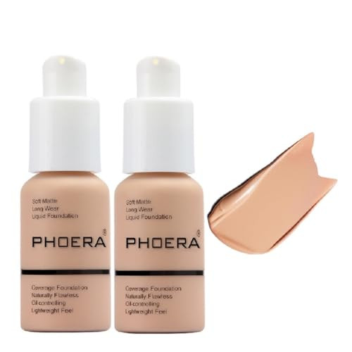 2 Pack PHOERA FoundationFull Coverage Concealer Flawless Soft Matte 24HR Oil Control Liquid Foundation Makeup 104 Buff B