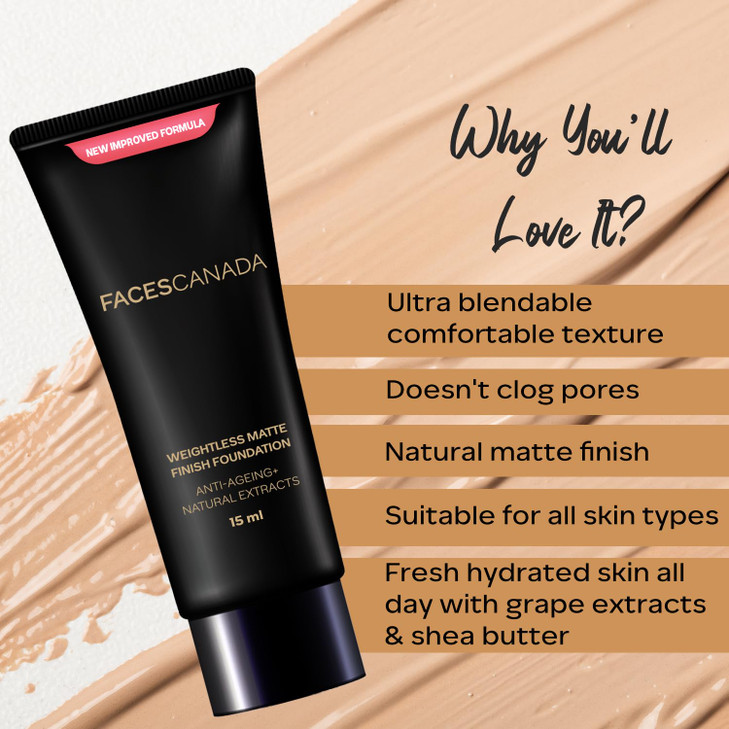 Faces Canada Weightless Matte Finish Foundation Lightweight Full Coverage Makeup with Natural Extracts Anti Aging Formul