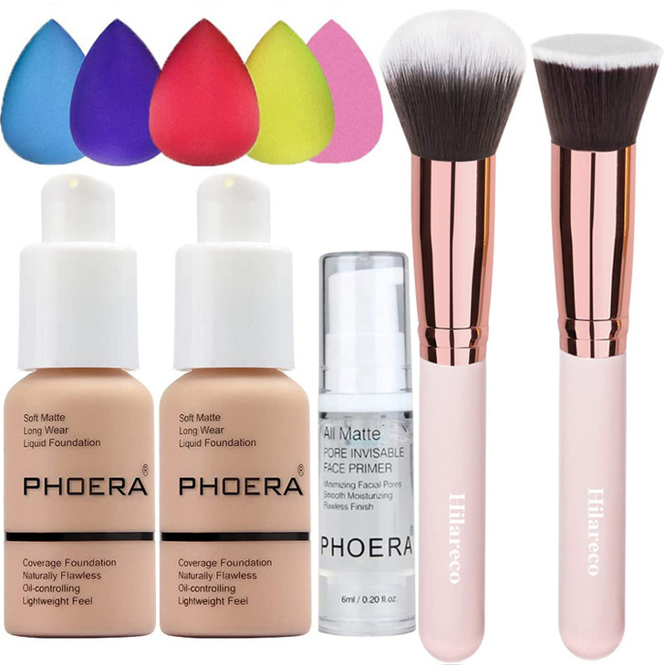 2 Pack PHOERA Foundation Warm Peach 103 and Face PrimerLiquid Full Coverage Foundation SetFoundation Brush Powder Brush5