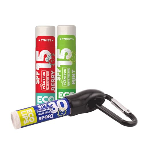 Eco Lips Broad Spectrum SPF Sun Protection Lip Balm 3Pack with Carabiner Eco Clip Berry Vanilla Mint With Cocoa Butter A