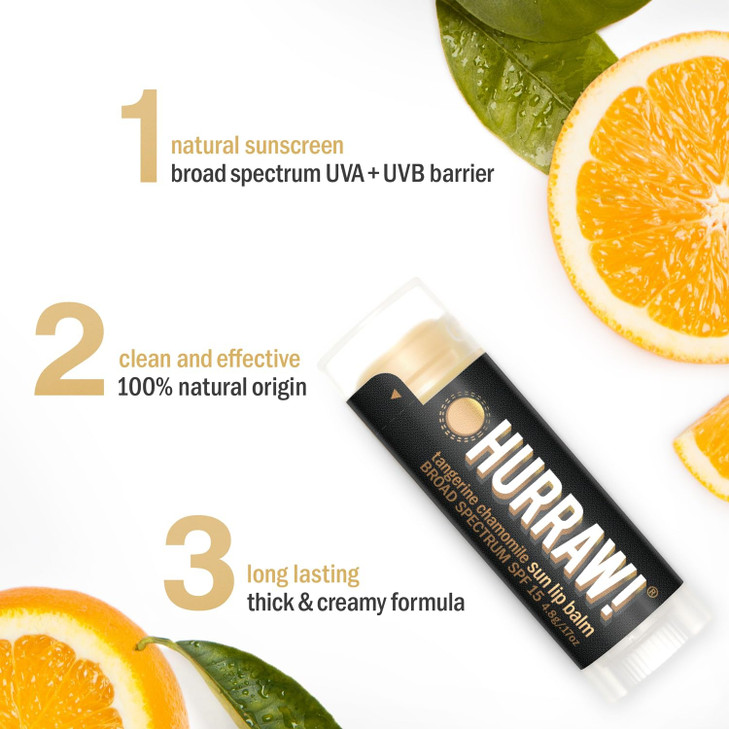 Hurraw Sun Lip Balm Zinc Oxide Protection Broad Spectrum SPF 15 Tangerine Chamomile 2 Pack Organic Certified Vegan Glute