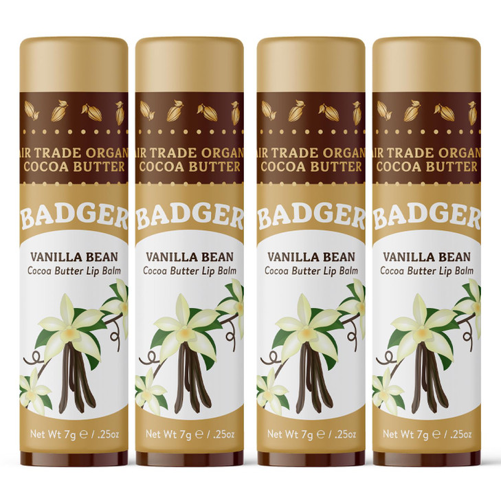 Badger Vanilla Bean Cocoa Butter Lip Balm Long Lasting Hydrating Lip Care 100 Organic Lip Balm Large Size Stick 4pack