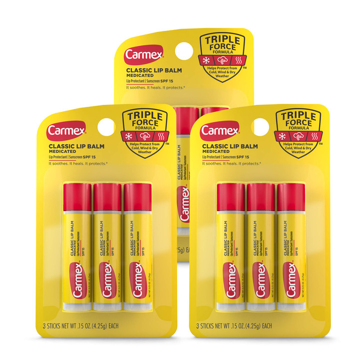 Carmex Classic Medicated Lip Balm Sticks Lip Moisturizer for Chapped Lips 9 Count 3 Packs of 3