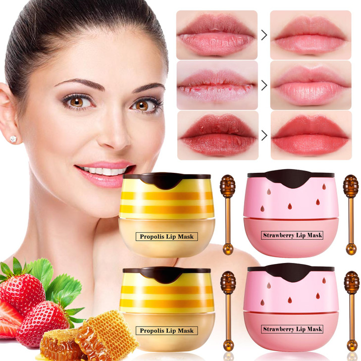 4 PCS Honey Lip Balm Pot Strawberry Honey Lip Mask Reduces Lines Hydrate Moisturizing Skin Care Prevention Dry Cracked L