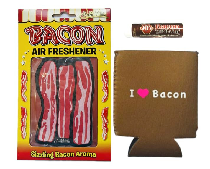 Bacon Addicts Triple Sampler Gift Pack 3pc Set Bacon Air Freshener Lip Balm Insulated Can Cooler