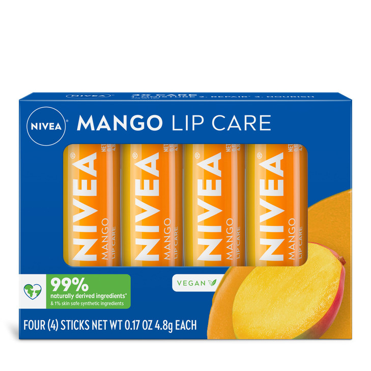 NIVEA Mango Lip Care Vegan Lip Balm Pack with Shea Butter Nourishing Oils and Vitamin C E 3in1 Moisturize Repair and Pro